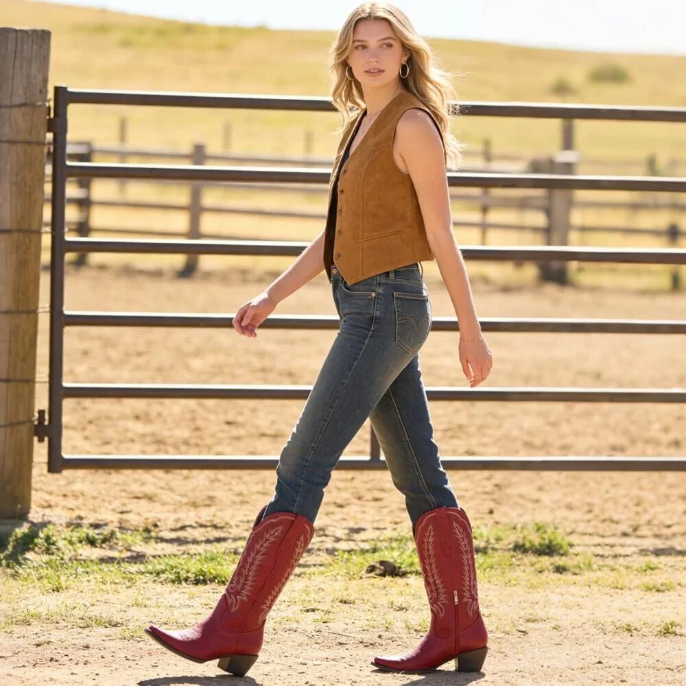 Women's Red Zipper Western Knee High Pointed Toe Chunky Heel Cowgirl Tall Boots